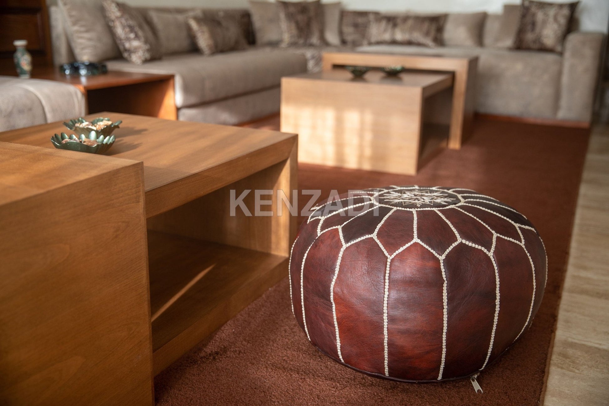 Authentic Moroccan leather pouf with beige embroidery, dark brown color, hand-sewn, perfect for adding a bohemian touch to your home decor