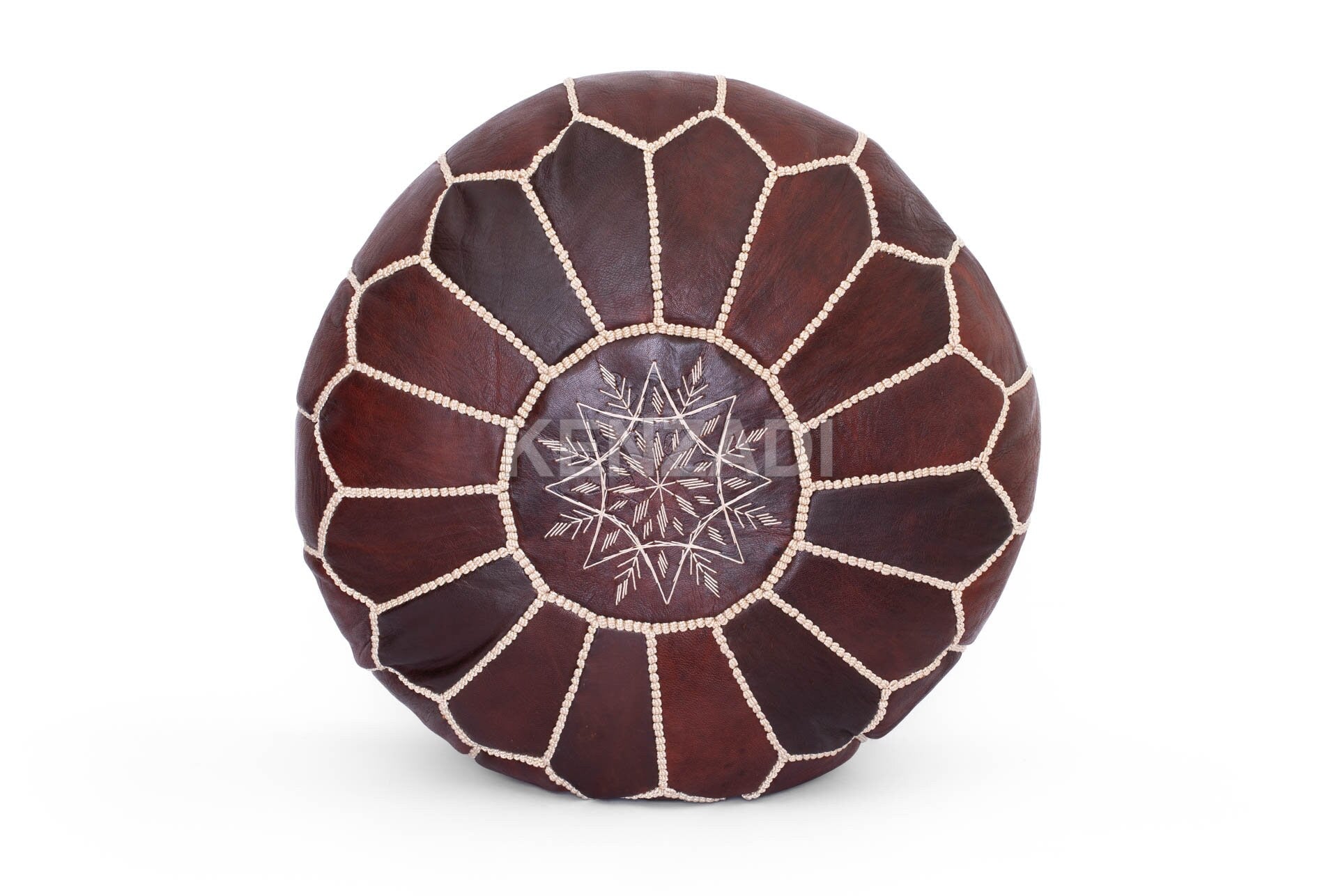 Authentic Moroccan leather pouf with beige embroidery, dark brown color, hand-sewn, perfect for adding a bohemian touch to your home decor