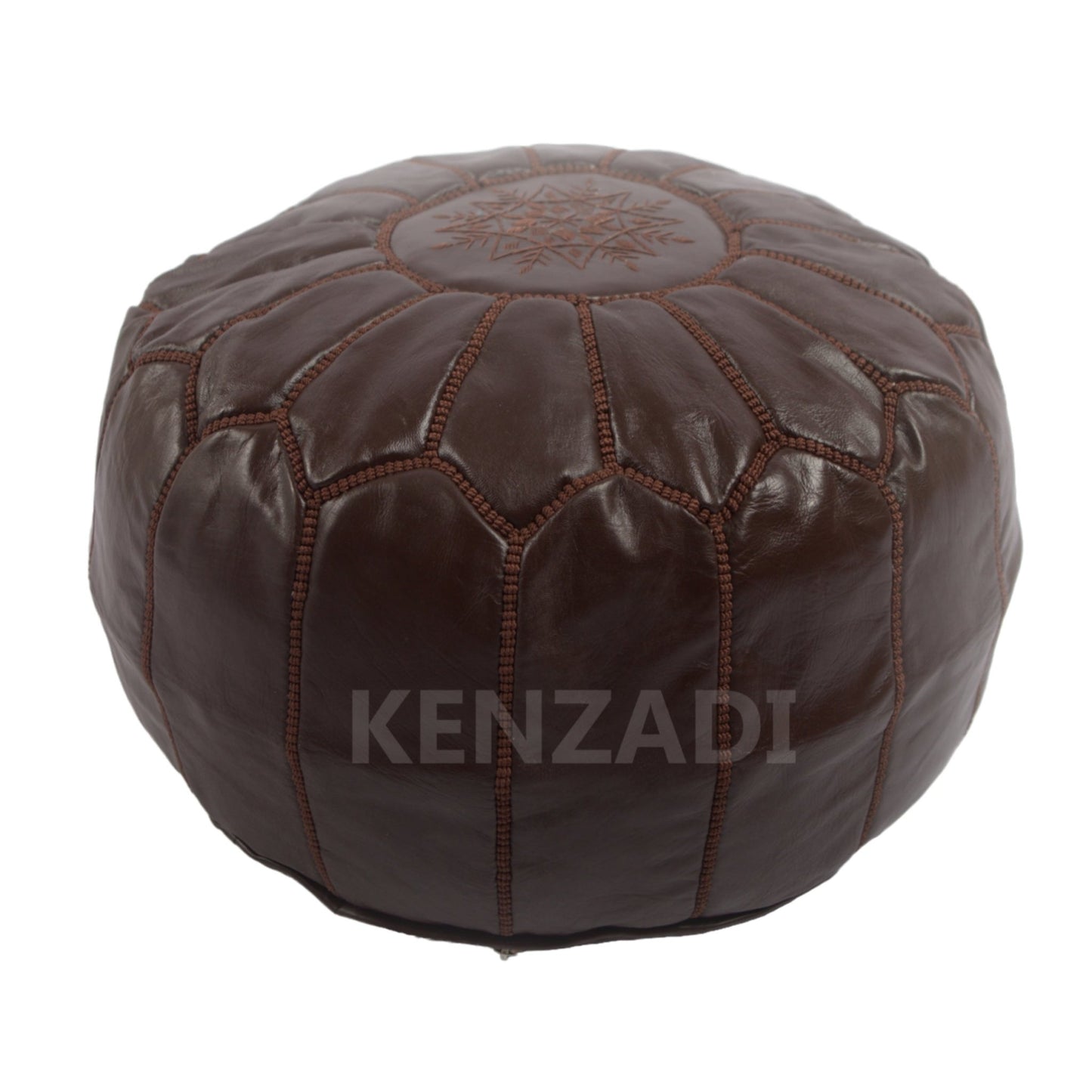 Moroccan leather Pouf, round Pouf, berber Pouf, Dark Brown Pouf with Brown embroidery by Kenzadi - Handmade by My Poufs