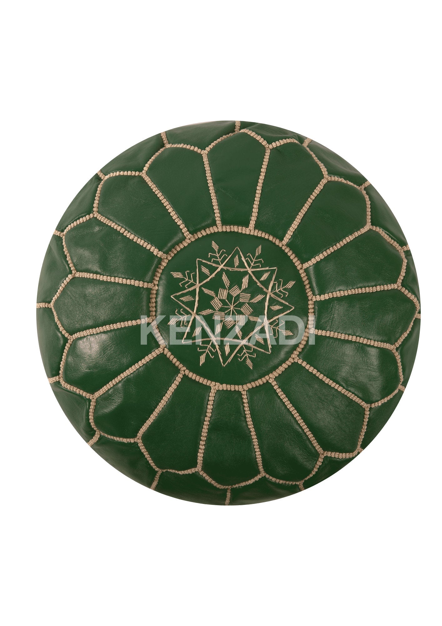 Authentic Moroccan round leather pouf in sewn tan leather with dark green and beige embroidery