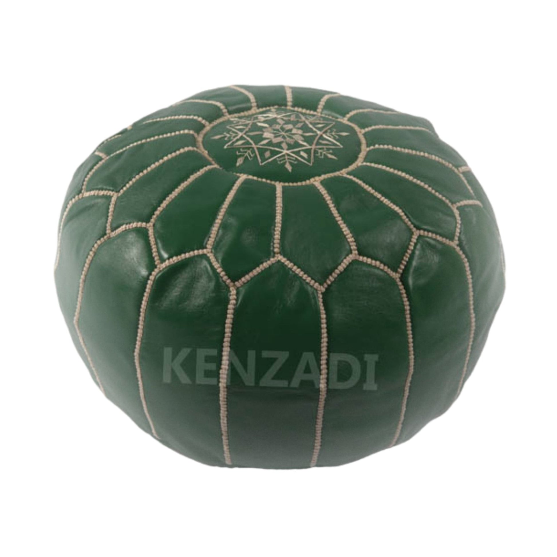 Moroccan leather pouf, round pouf, berber pouf, Dark Green pouf with Beige embroidery by Kenzadi - Handmade by My Poufs