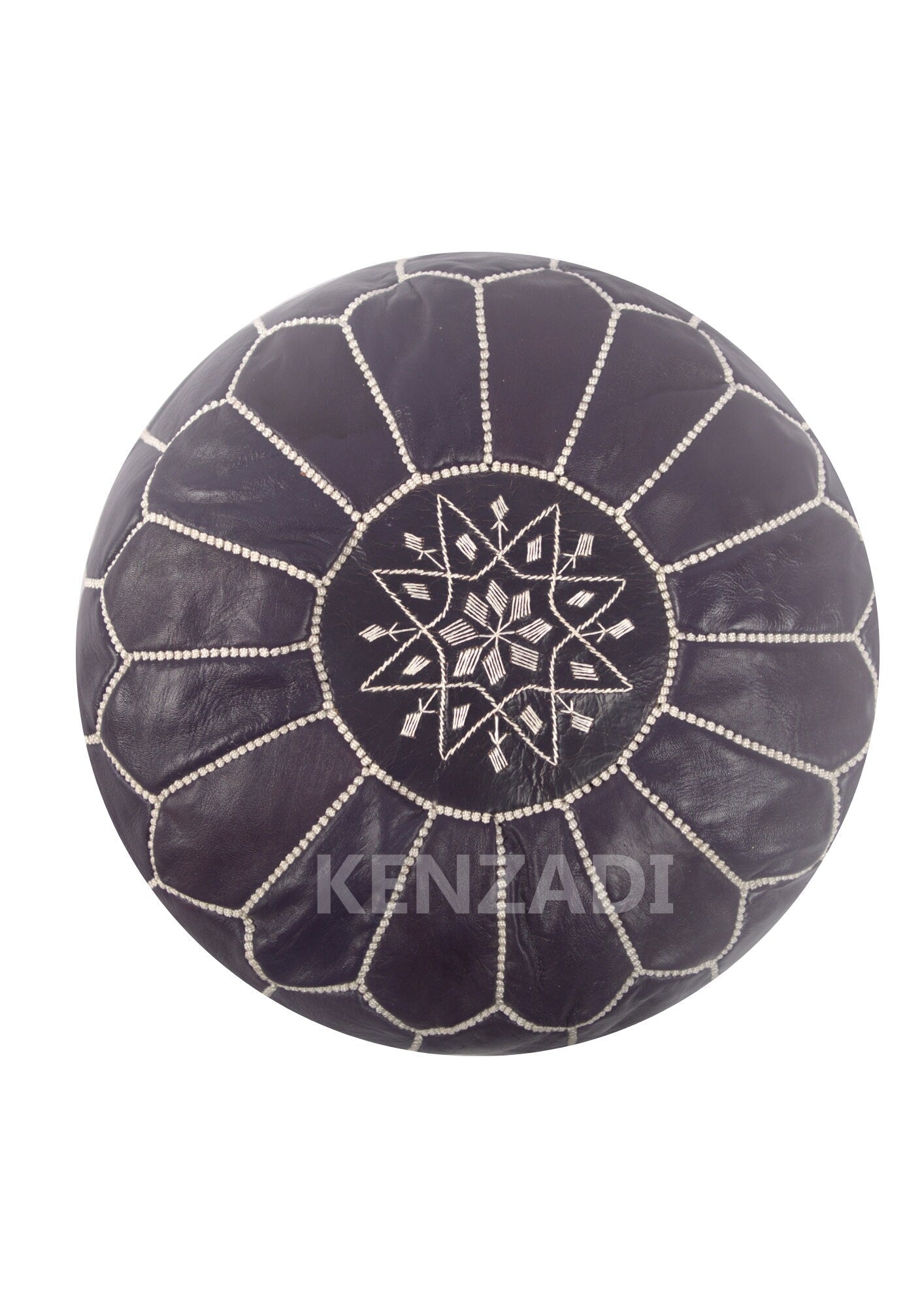 Authentic Moroccan leather pouf with white embroidery, dark purple color. Handmade, round, and versatile