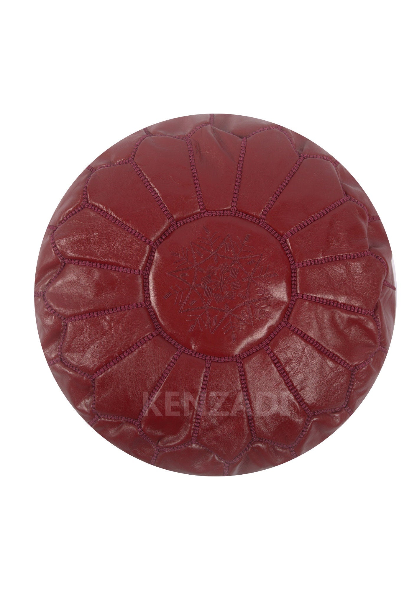 Authentic Moroccan leather pouf with garnet embroidery - Handmade, round, tan leather pouf - Perfect for adding a bohemian touch to your decor - Use as a footrest, pouf, or coffee table