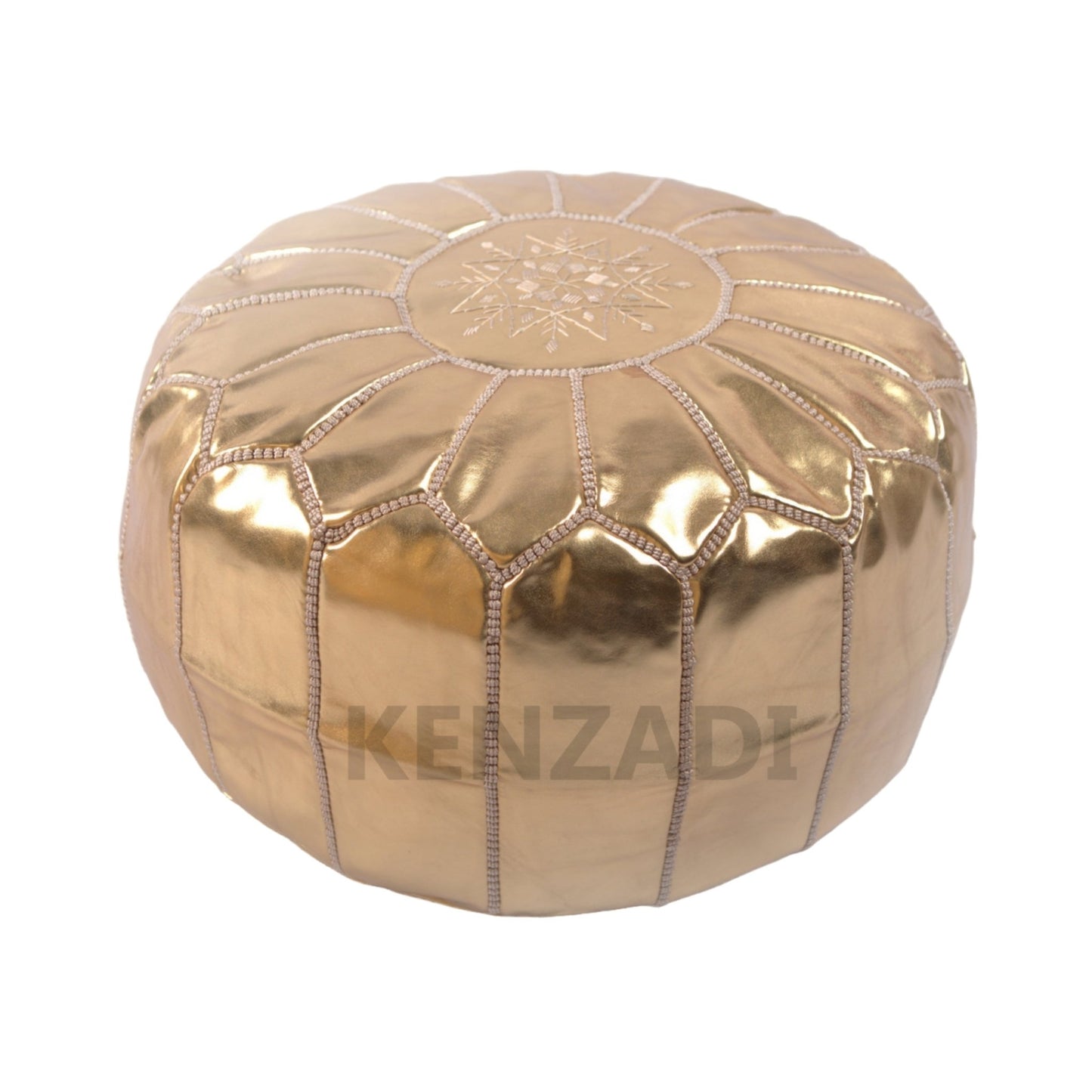 Moroccan leather Pouf, round Pouf, berber Pouf, Gold Pouf with Beige embroidery by Kenzadi - Handmade by My Poufs