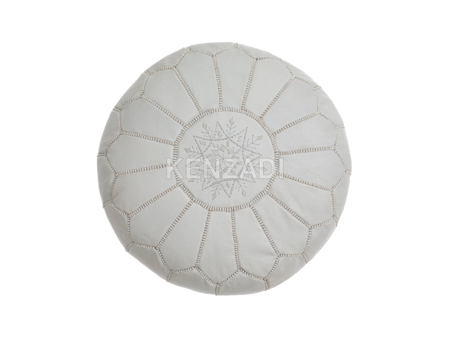 Authentic Moroccan leather pouf with grey embroidery, perfect for adding a bohemian touch to your décor.