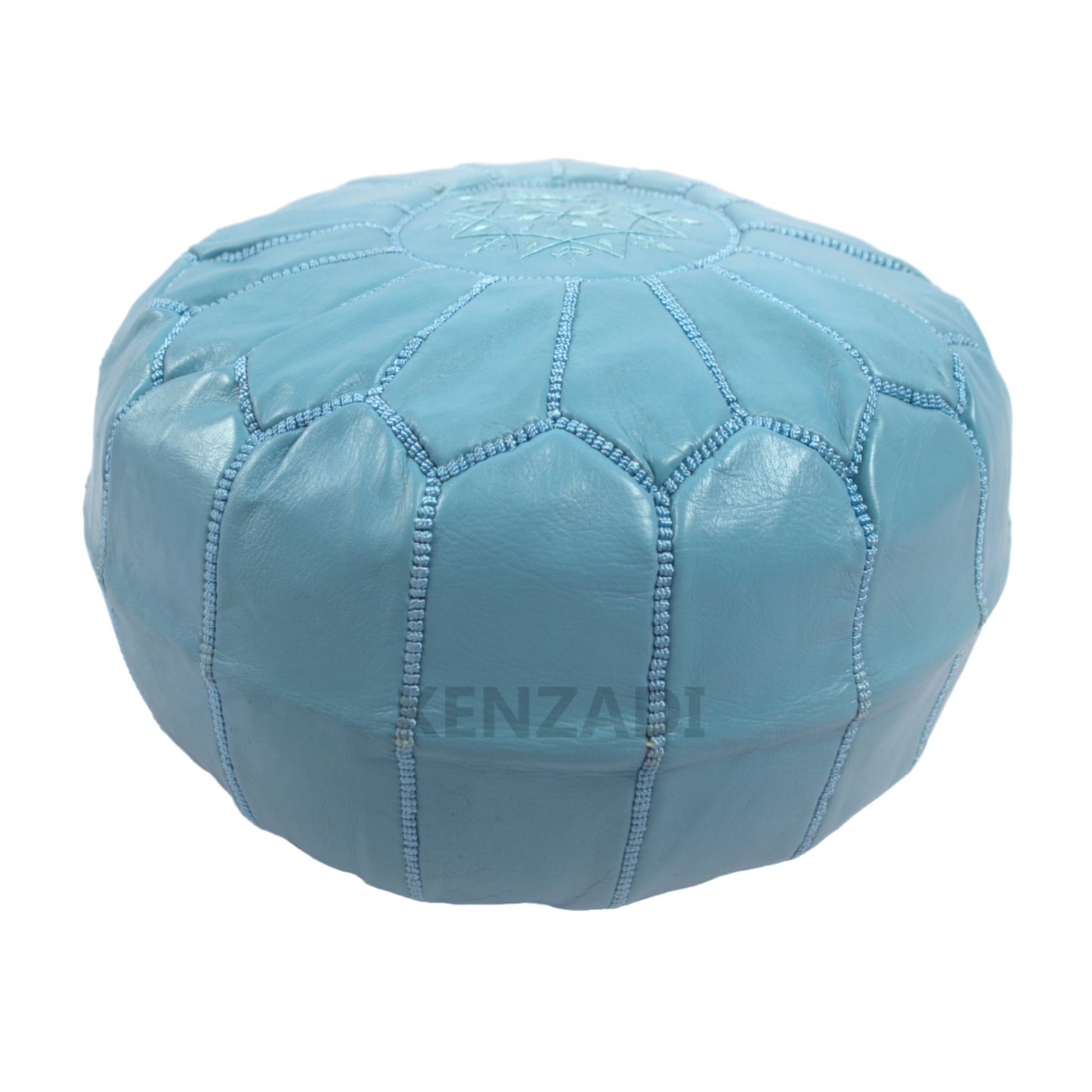 Moroccan leather pouf, round pouf, berber pouf, Light Blue with Light Blue embroidery by Kenzadi - Handmade by My Poufs