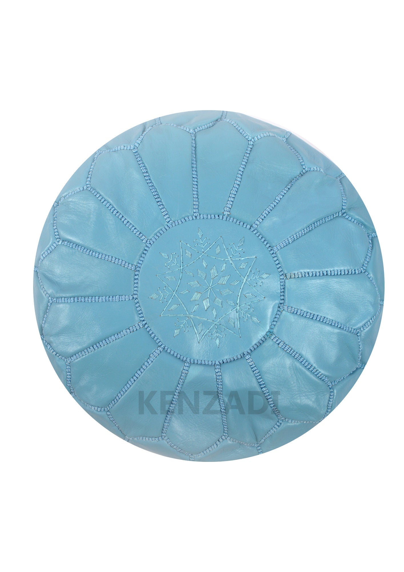 Handmade Moroccan round leather pouf with light blue embroidery - perfect for adding a bohemian touch to your décor