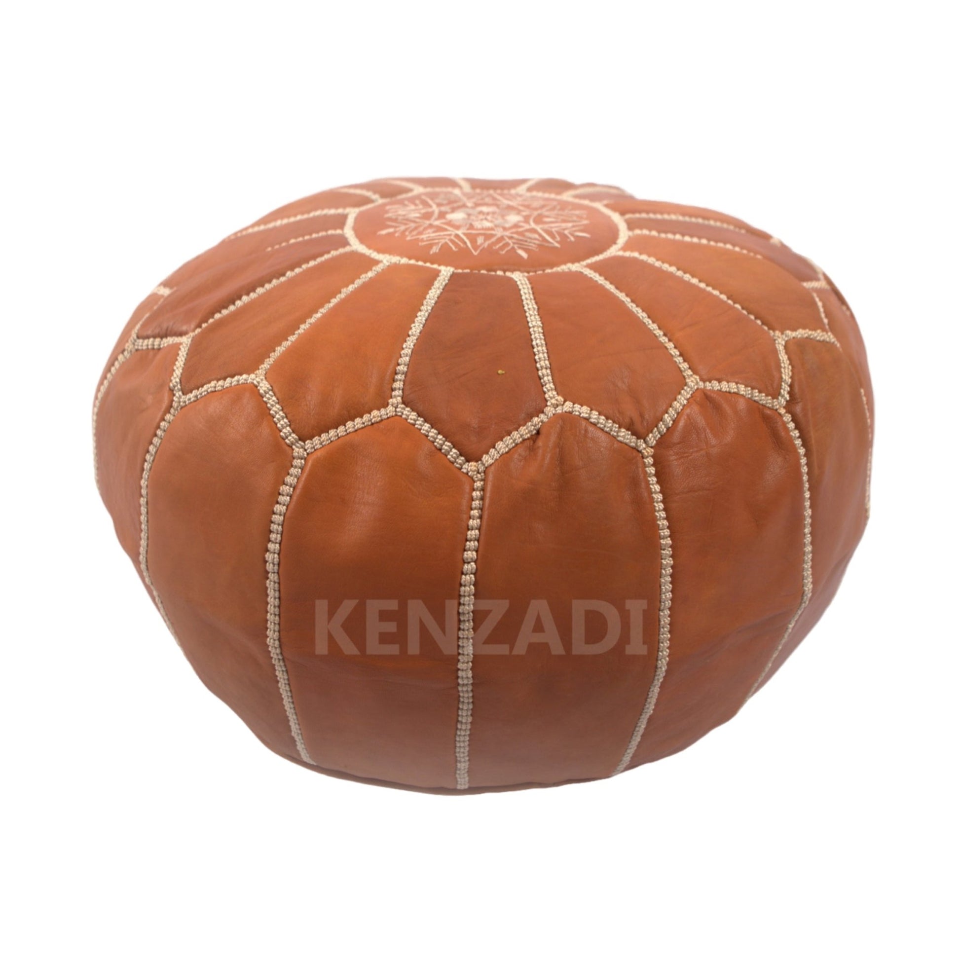 Moroccan leather pouf, round pouf, berber pouf, Light Brown with Beige embroidery by Kenzadi - Handmade by My Poufs