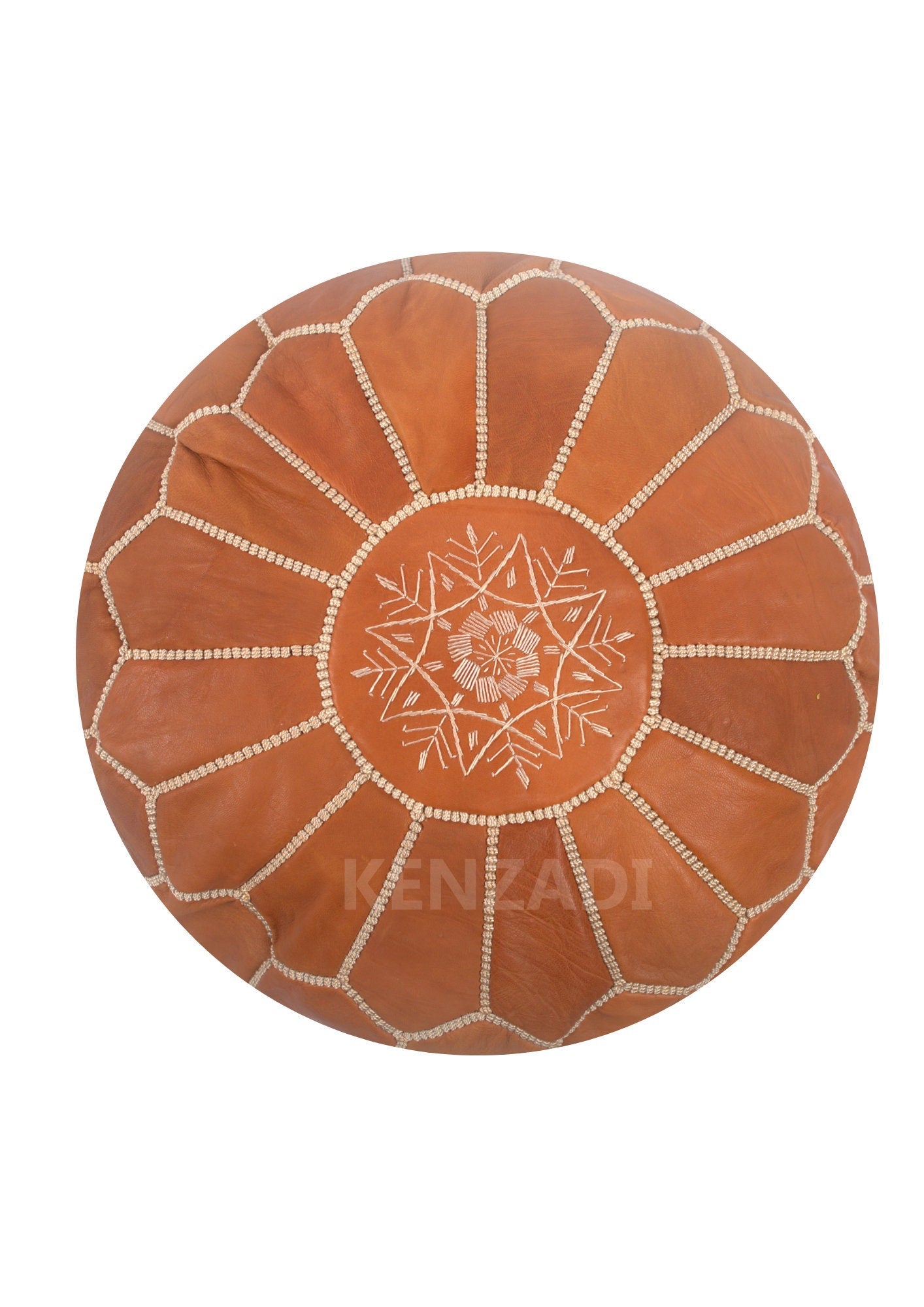 Authentic Moroccan Leather Pouf in Sewn Tan Leather with Beige Embroidery - Handmade, Bohemian, Versatile Footrest, Pouf, or Coffee Table