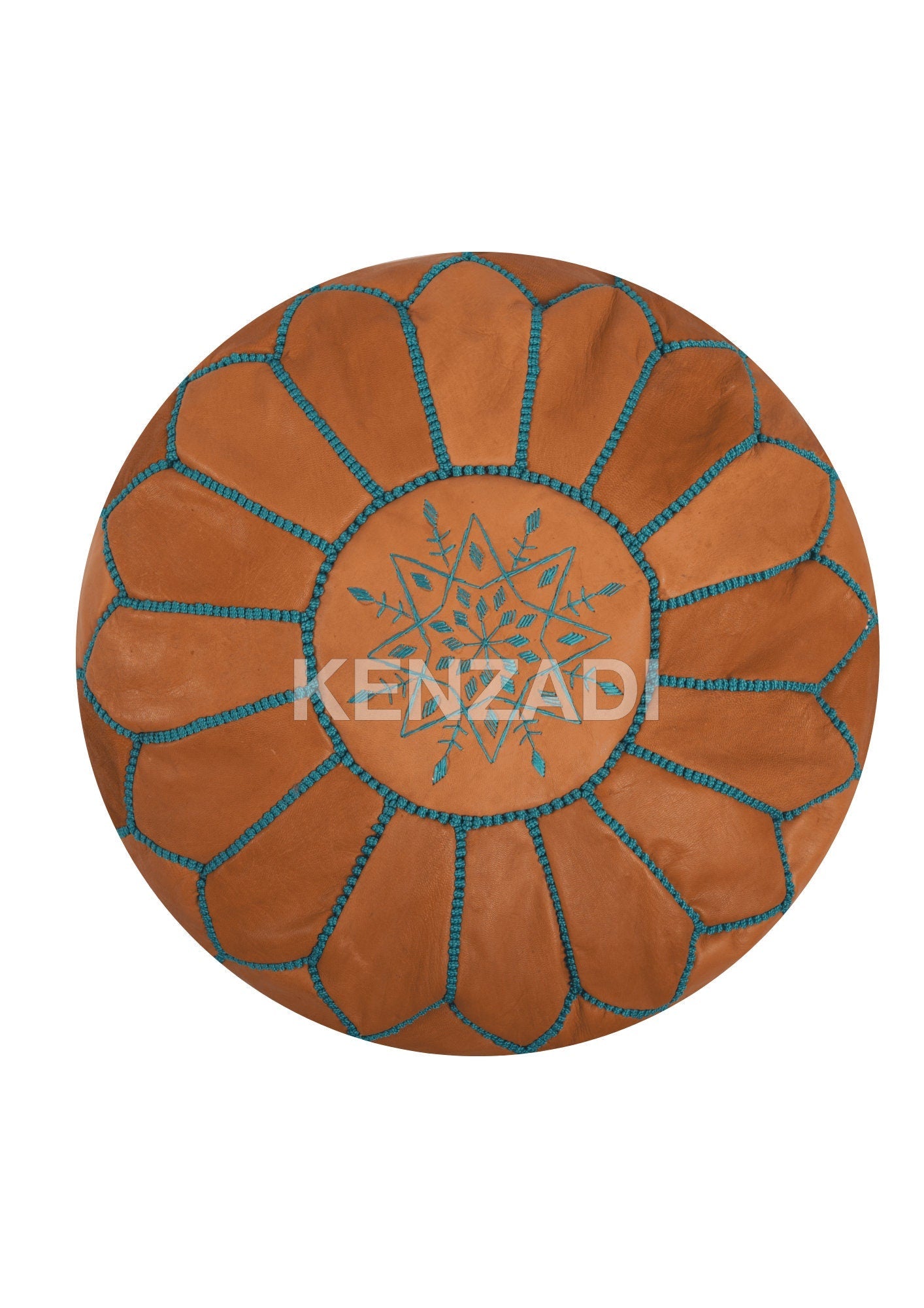 Authentic Moroccan leather pouf with light blue embroidery, perfect for adding a bohemian touch to any room. Made of premium Berber leather, this pouf is perfect for use as a footrest, pouf, or coffee table.