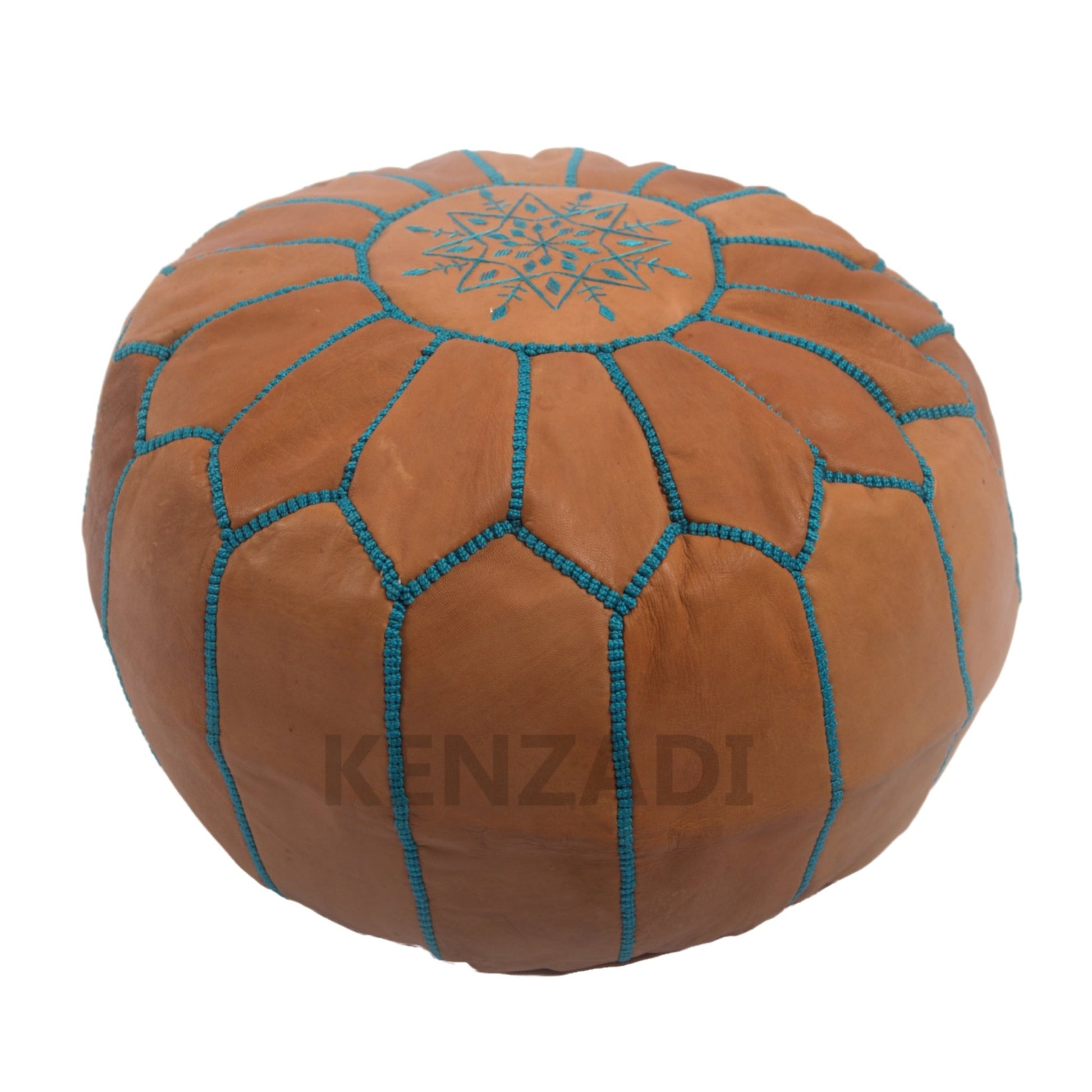 Moroccan leather pouf, round pouf, berber pouf, Light Brown with Light blue embroidery by Kenzadi - Handmade by My Poufs