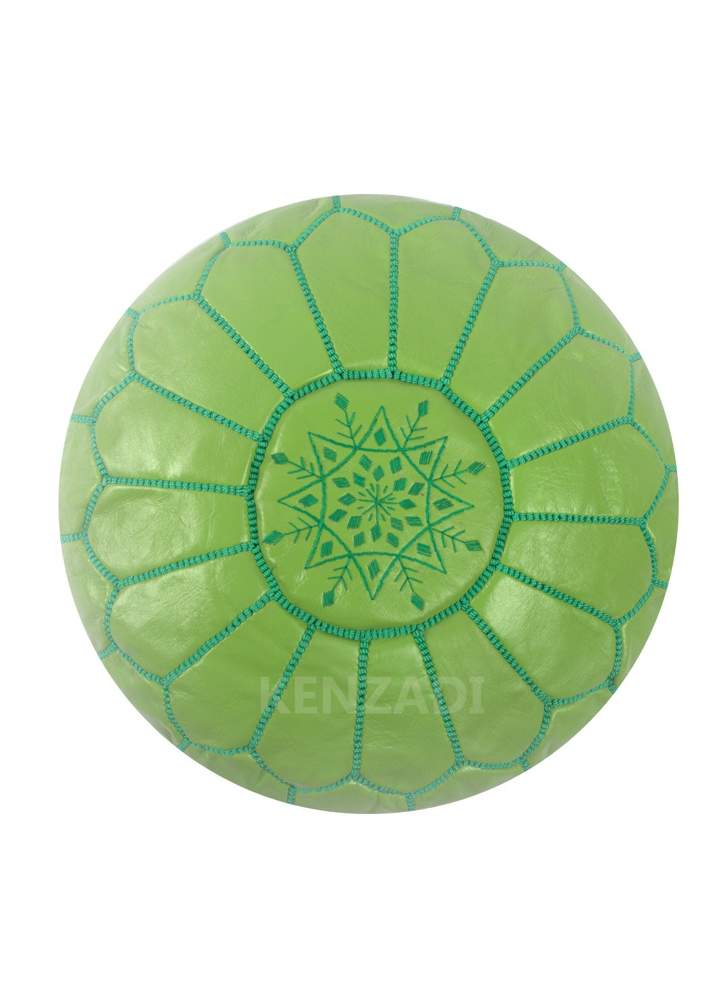 Authentic Moroccan round leather pouf with light green and green embroidery