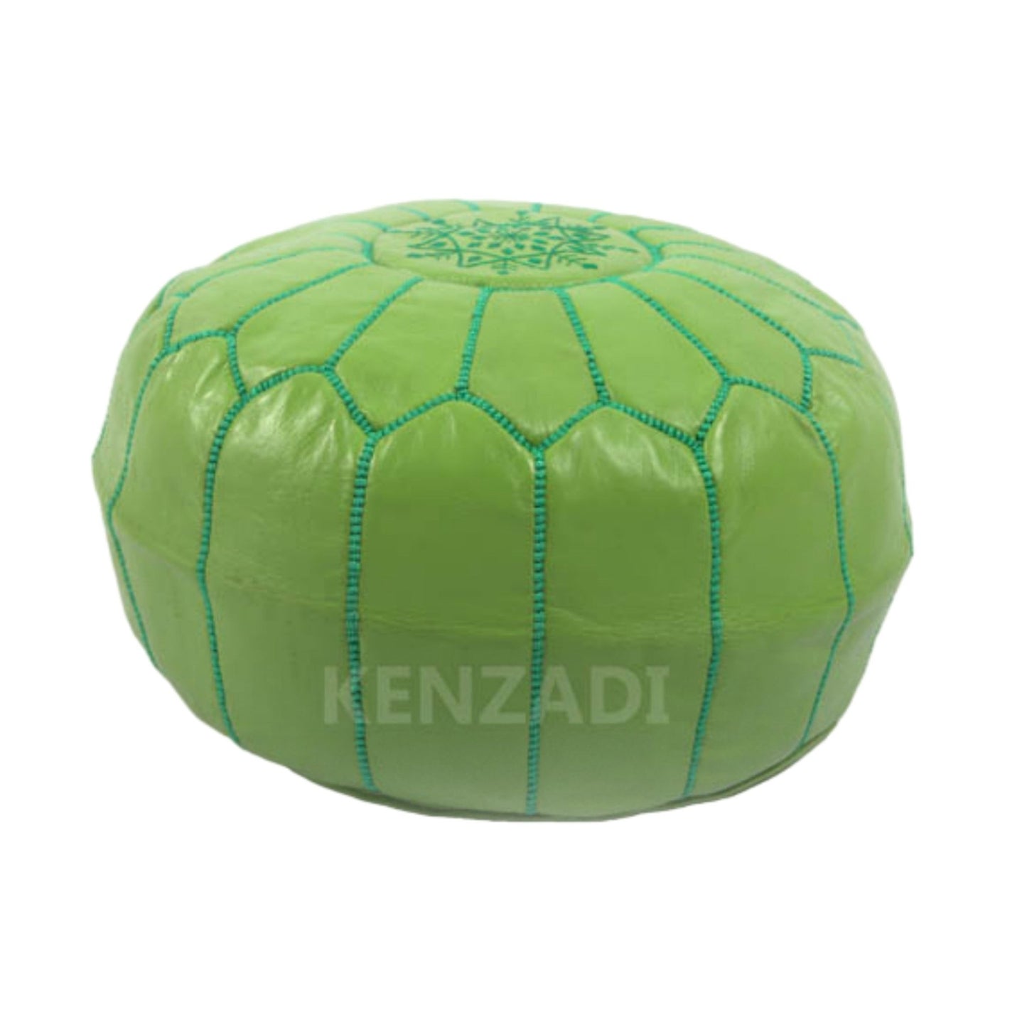 Moroccan leather pouf, round pouf, berber pouf, Light Green with Green embroidery by Kenzadi - Handmade by My Poufs
