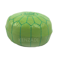 Moroccan leather pouf, round pouf, berber pouf, Light Green with Green embroidery by Kenzadi - Handmade by My Poufs