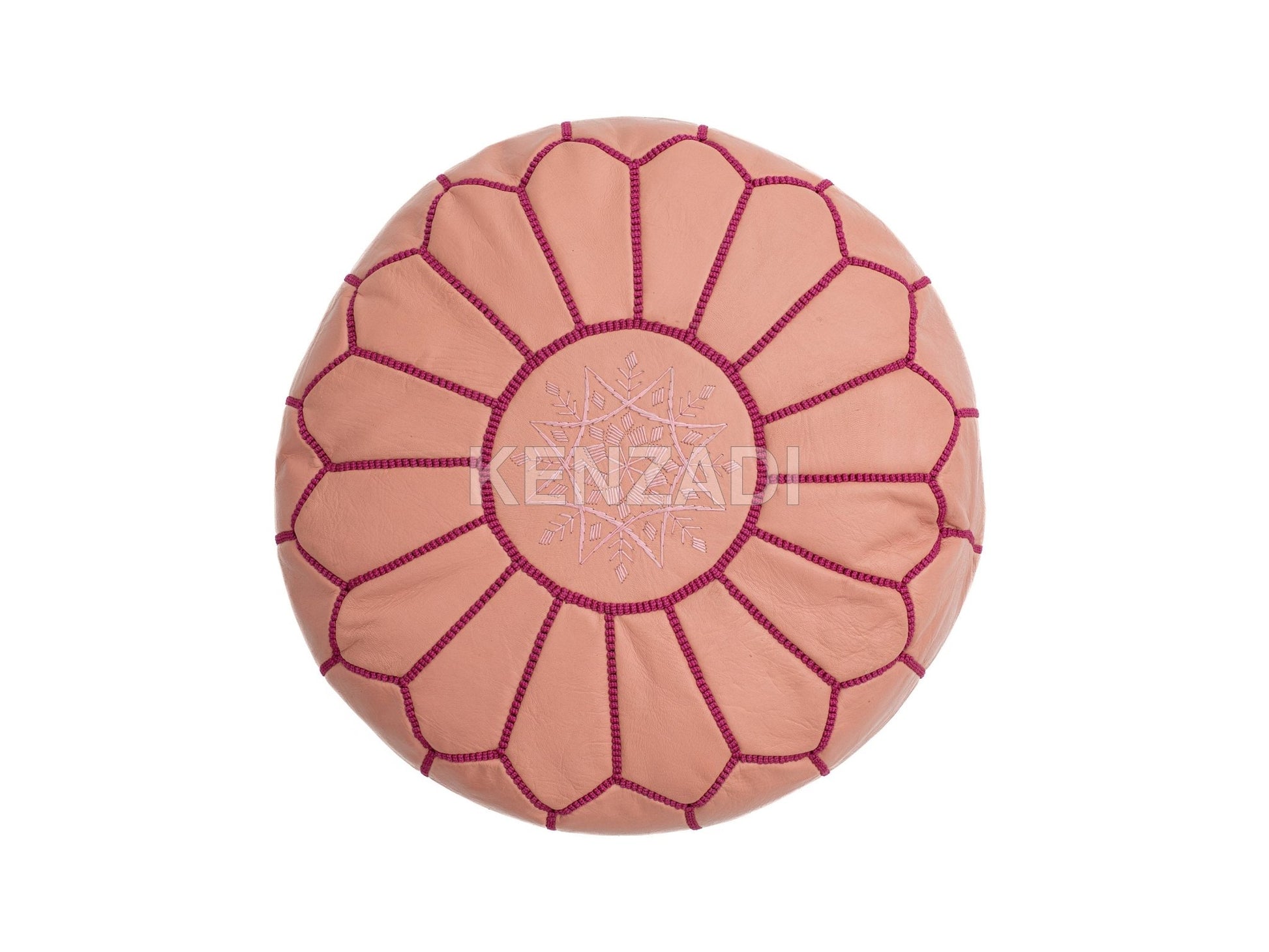Moroccan leather pouf, round pouf, berber pouf, Light Pink pouf with Pink embroidery by Kenzadi - Handmade by My Poufs