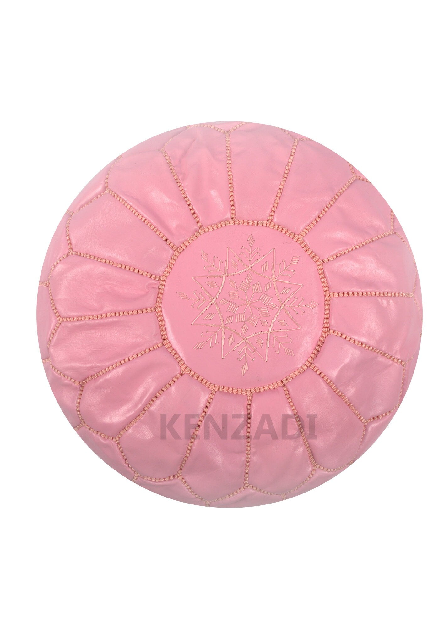 Authentic Moroccan pouf in light pink with pink embroidery, made from premium Berber leather.