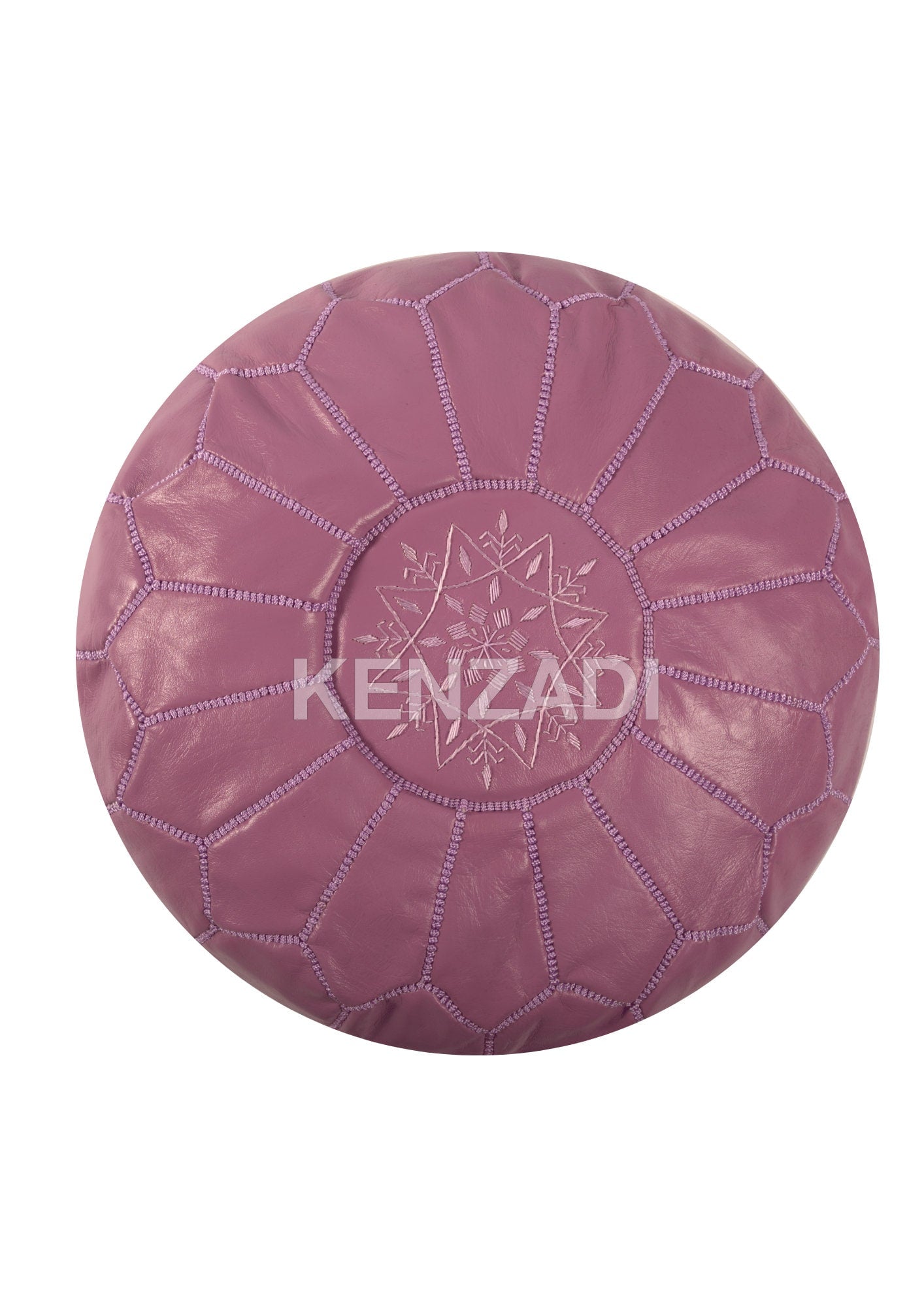 Moroccan leather pouf, round pouf, berber pouf, light purple pouf with purple embroidery by Kenzadi - Handmade by My Poufs