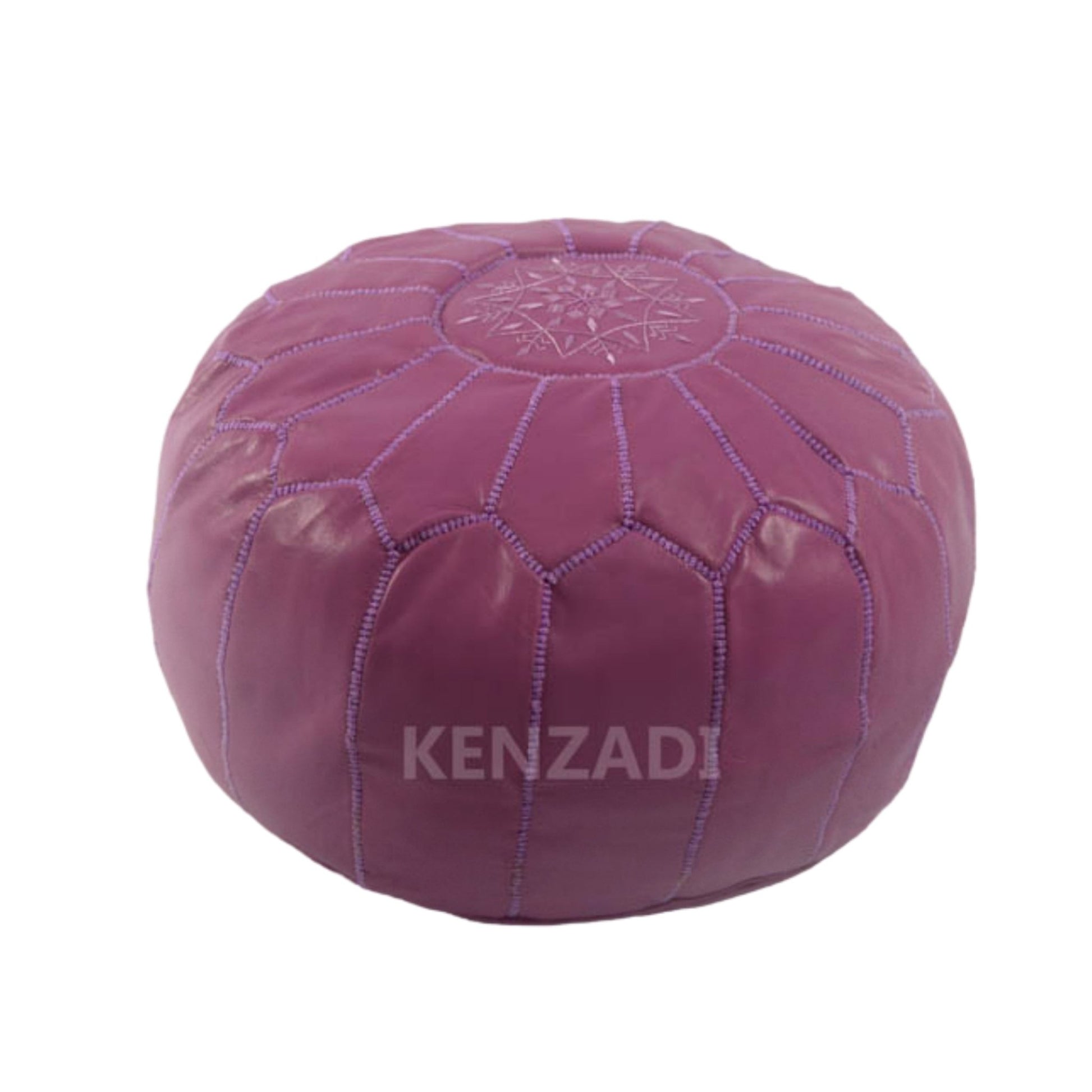 Moroccan leather pouf, round pouf, berber pouf, light purple pouf with purple embroidery by Kenzadi - Handmade by My Poufs
