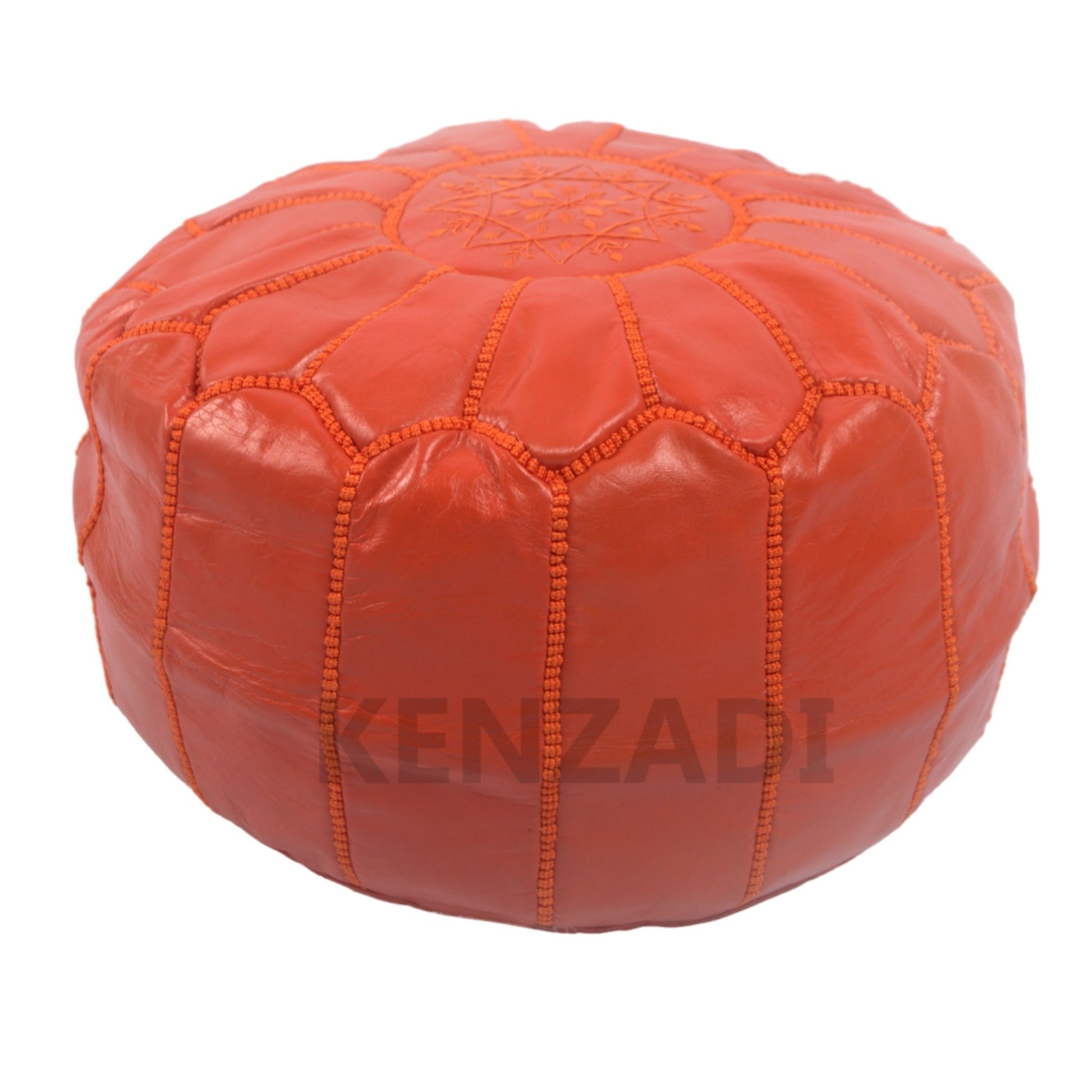 Moroccan leather pouf, round pouf, berber pouf, Orange pouf with Orange embroidery by Kenzadi - Handmade by My Poufs