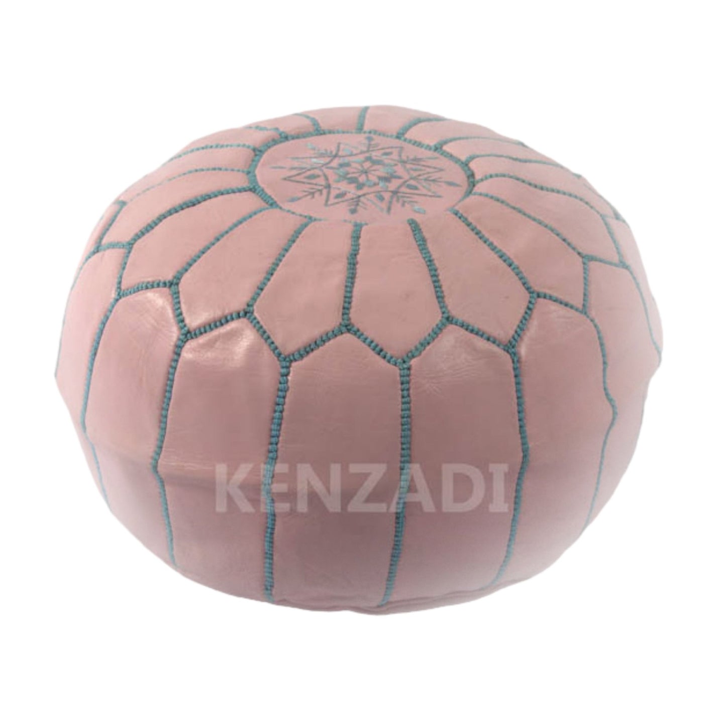 Moroccan leather pouf, round pouf, berber pouf, Pink pouf with Light blue embroidery by Kenzadi - Handmade by My Poufs
