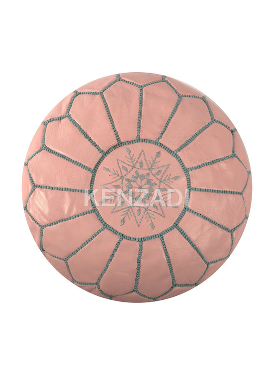 Moroccan leather pouf, round pouf, berber pouf, Pink pouf with Light blue embroidery by Kenzadi - Handmade by My myPoufs.com