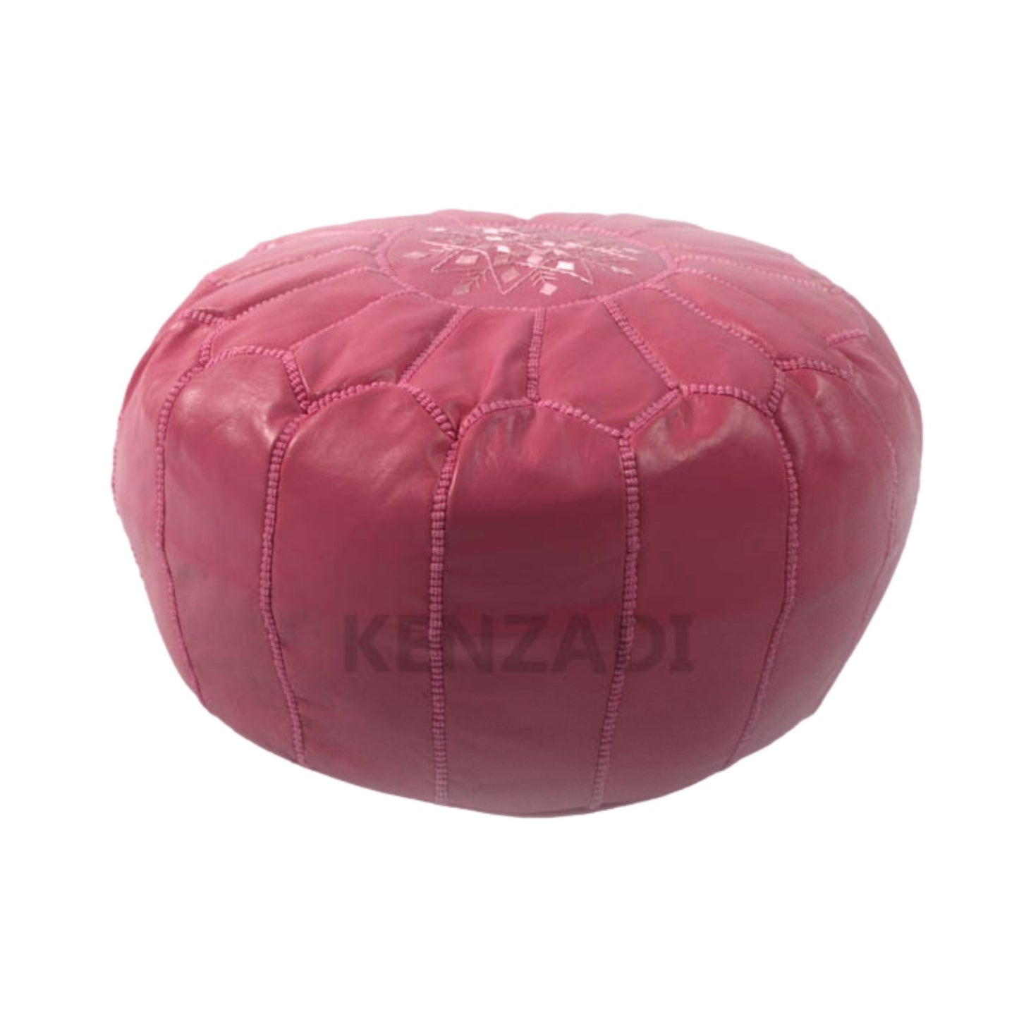 Moroccan leather pouf, round pouf, berber pouf, Pink with Pink embroidery by Kenzadi - Handmade by My Poufs