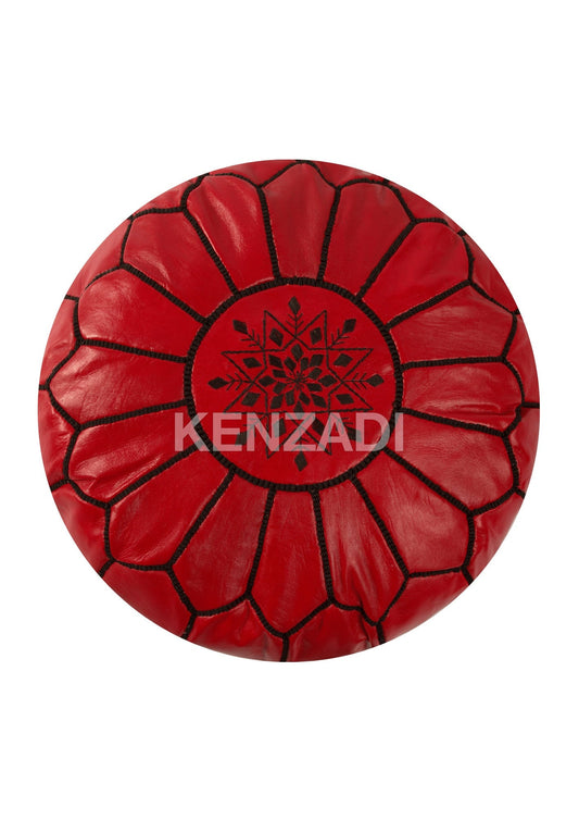 Authentic Moroccan round leather pouf with red embroidery, handmade in sewn TAN leather