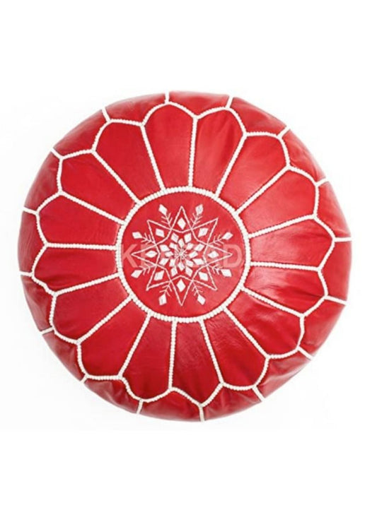 Moroccan leather pouf, round pouf, berber pouf, Red pouf with White embroidery by Kenzadi - Handmade by My Poufs