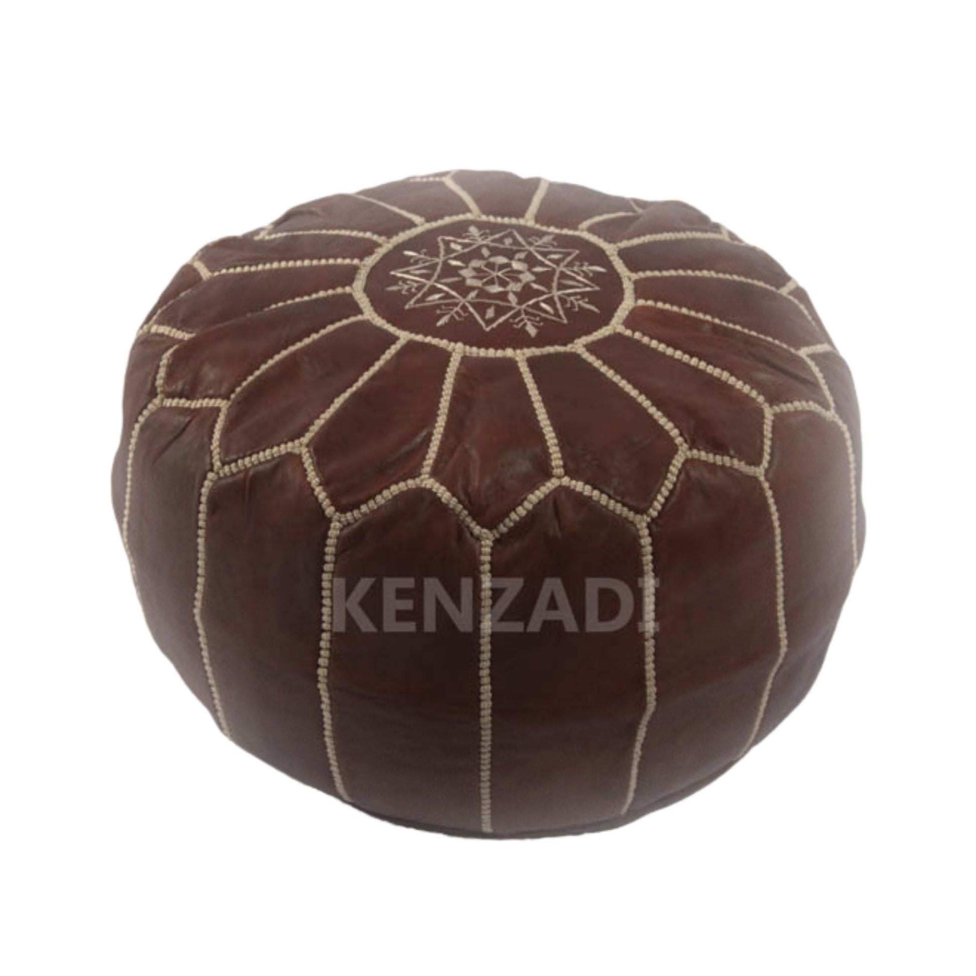 Moroccan leather pouf, round pouf, berber pouf, Redwood pouf with Beige embroidery by Kenzadi - Handmade by My Poufs