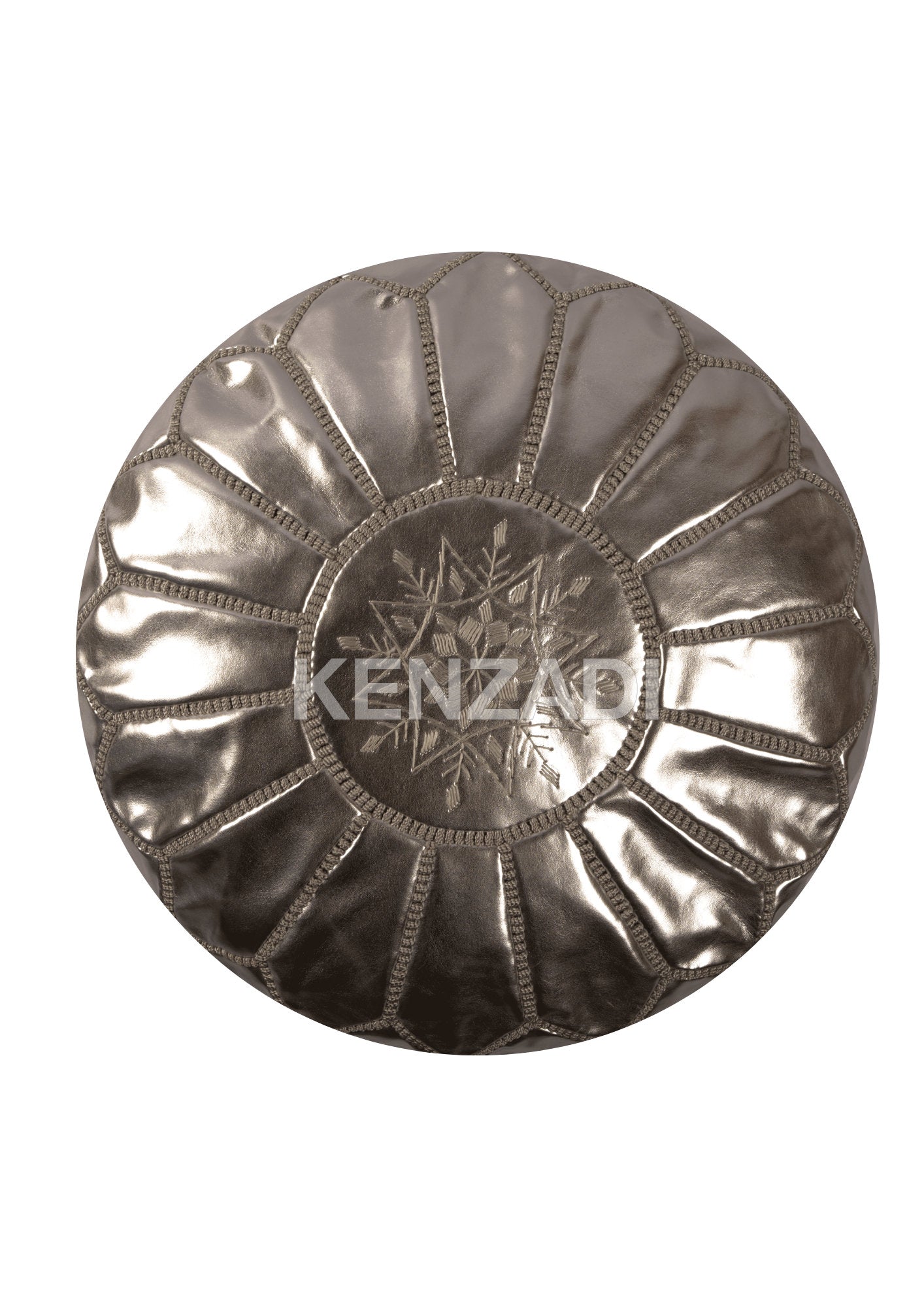 Authentic Moroccan leather pouf with silver grey embroidery  Handmade pouf in premium Berber leather  Versatile pouf that can be used as a footrest, pouf, or coffee table  Perfect for adding a bohemian touch to your décor