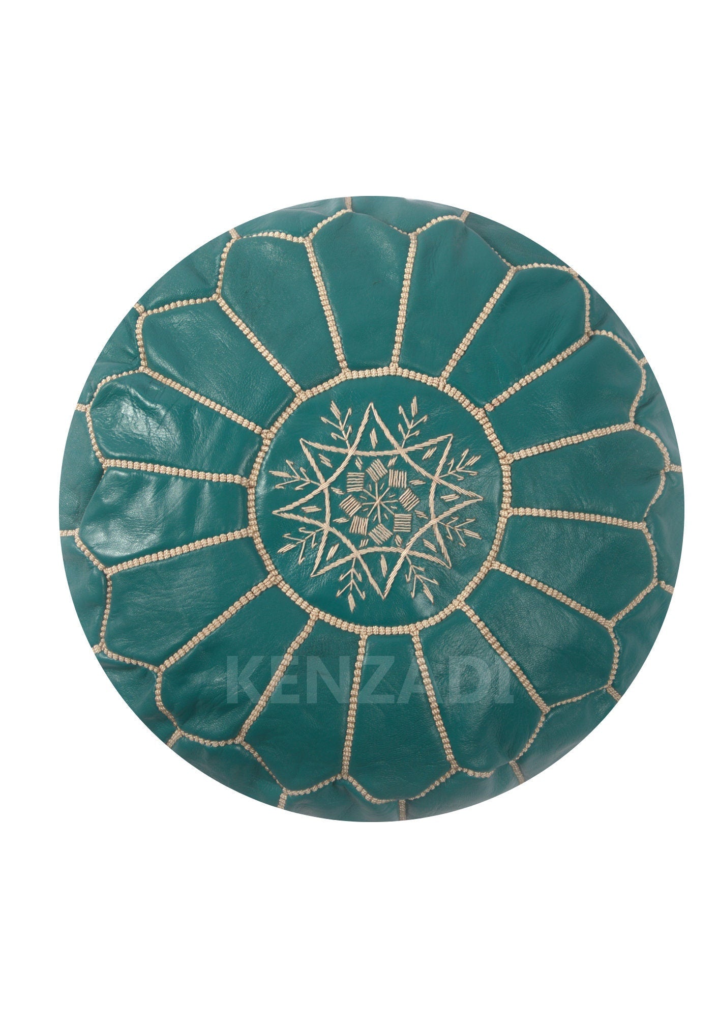 Handmade Moroccan leather pouf with turquoise leather and beige embroidery