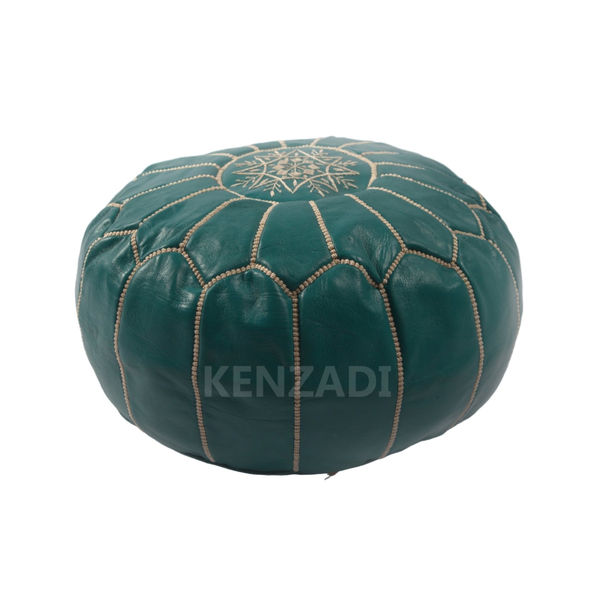 Moroccan leather pouf, round pouf, berber pouf, Turquoise pouf with Beige embroidery by Kenzadi - Handmade by My Poufs