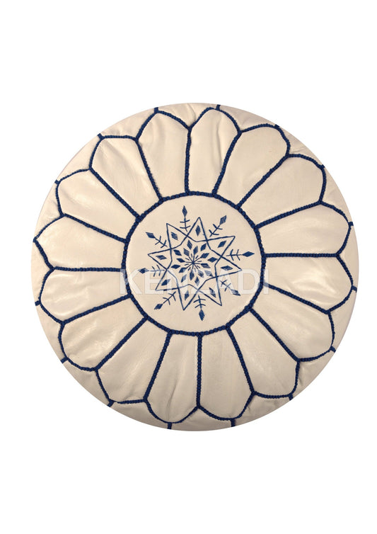 Authentic round Moroccan leather pouf with white and blue embroidery, hand-sewn from premium Berber leather
