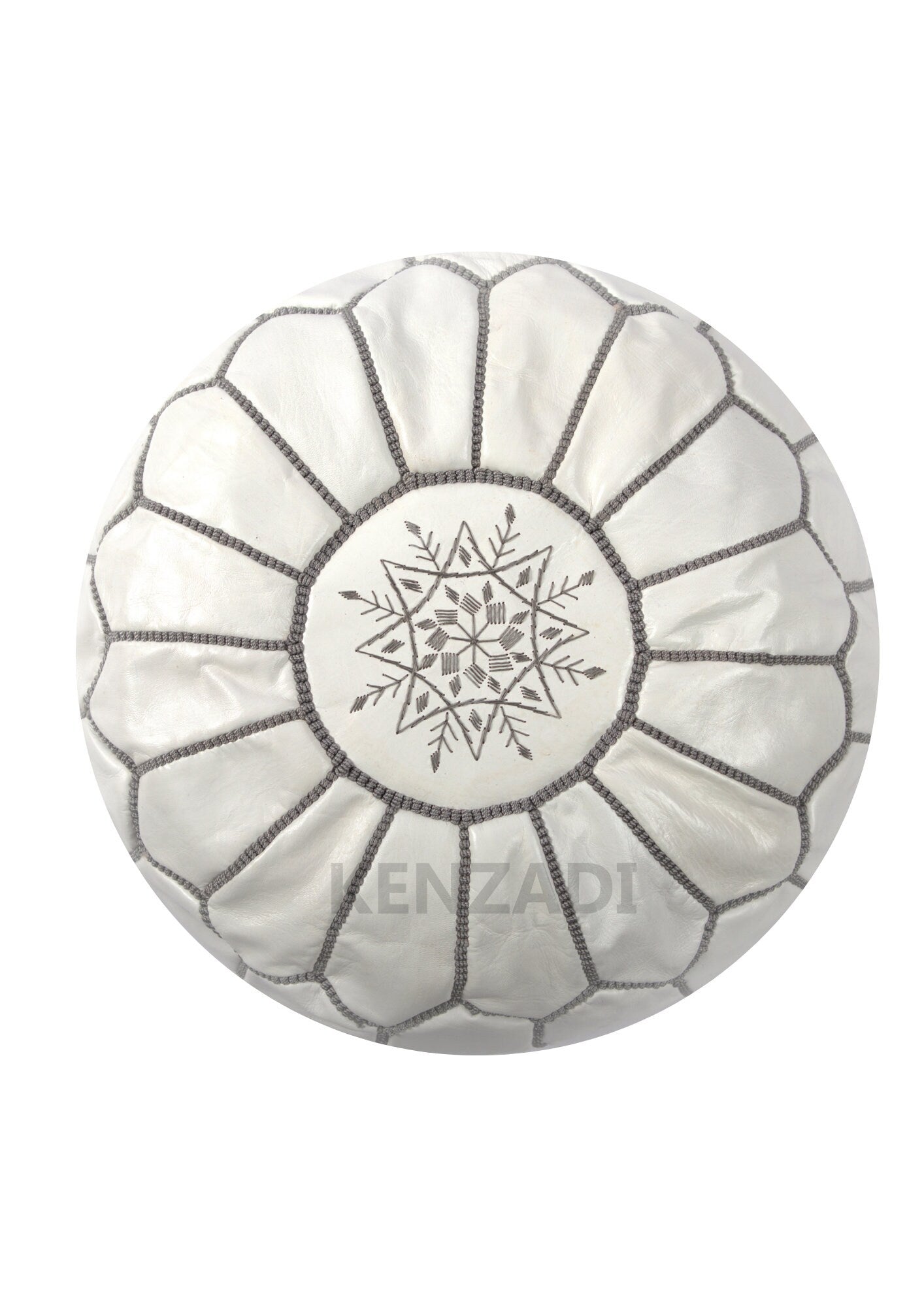 Authentic Moroccan pouf in sewn TAN leather, White Pouf with Grey embroidery - Hand-sewn leather pouf for a bohemian touch to your home décor