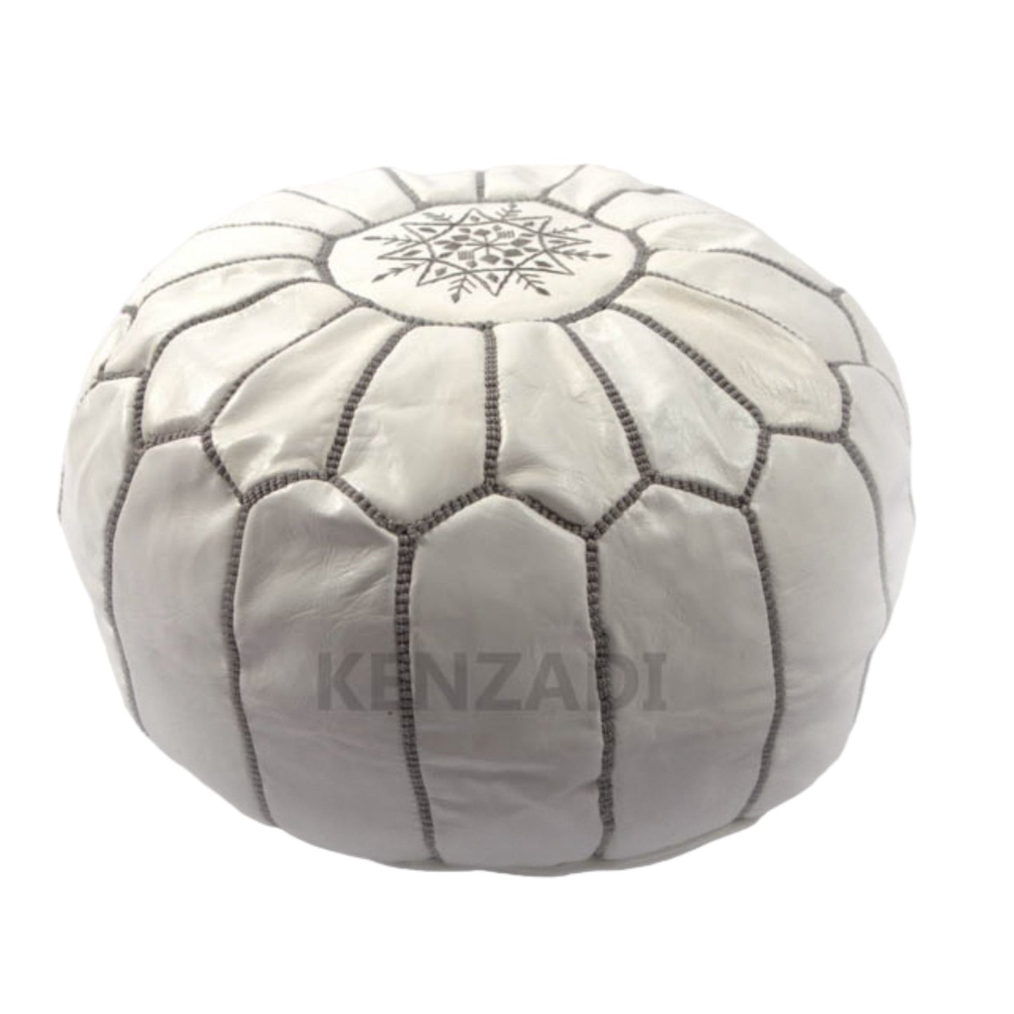 Moroccan leather Pouf, round Pouf, berber Pouf, White Pouf with Grey embroidery by Kenzadi - Handmade by My Poufs