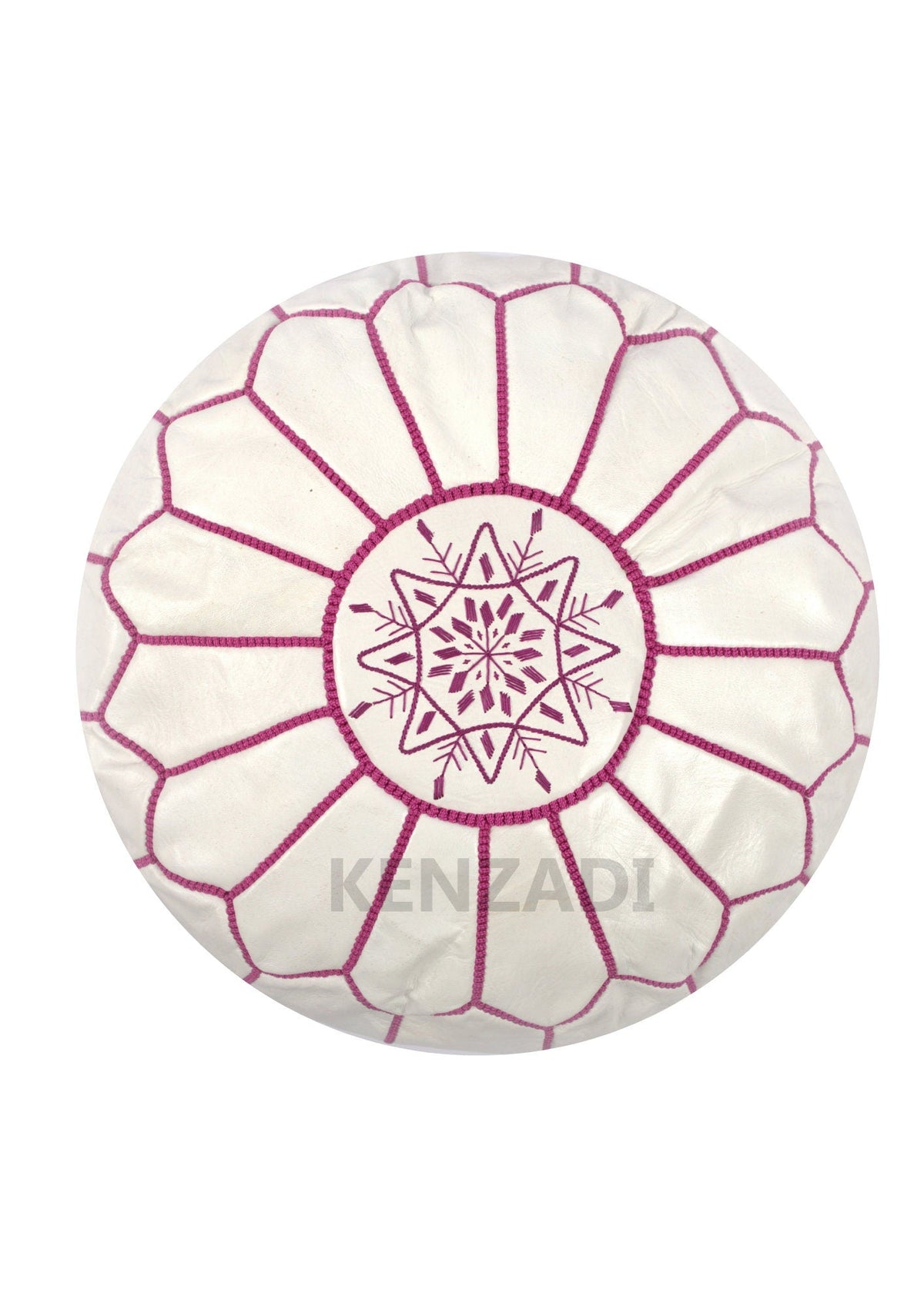 Moroccan leather pouf, round pouf, berber pouf, White with Pink embroidery by Kenzadi - Handmade by My Poufs