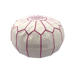 Moroccan leather pouf, round pouf, berber pouf, White with Pink embroidery by Kenzadi - Handmade by My Poufs