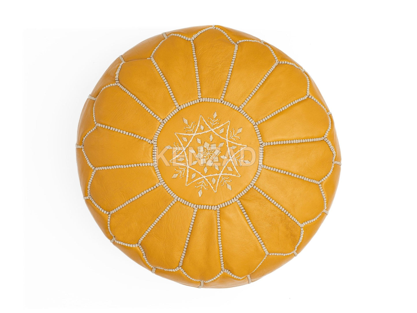 Moroccan leather pouf, round pouf, berber pouf, Yellow pouf with White embroidery by Kenzadi - Handmade by My Poufs