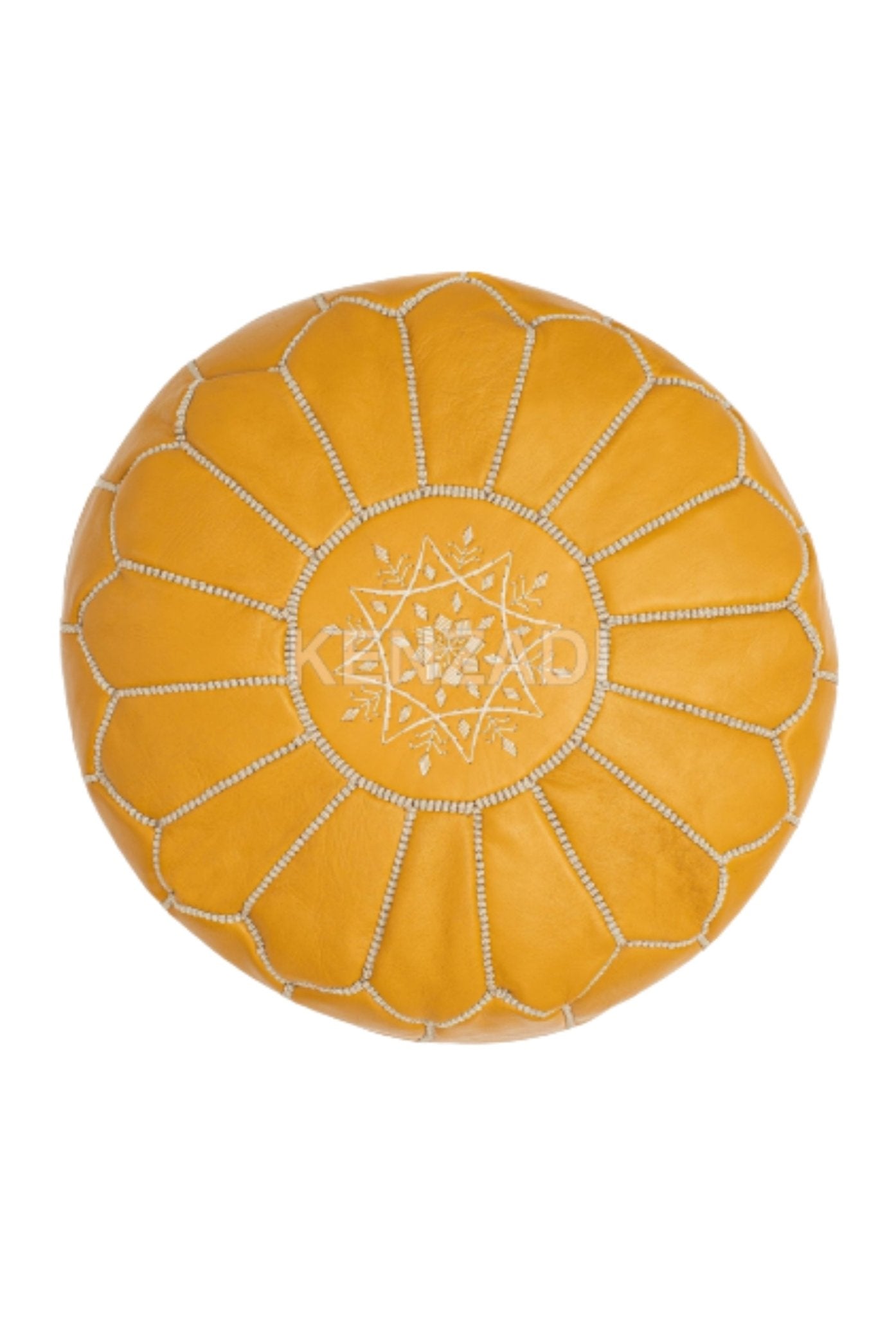 Moroccan leather pouf, round pouf, berber pouf, Yellow pouf with White embroidery by Kenzadi - Handmade by My Poufs