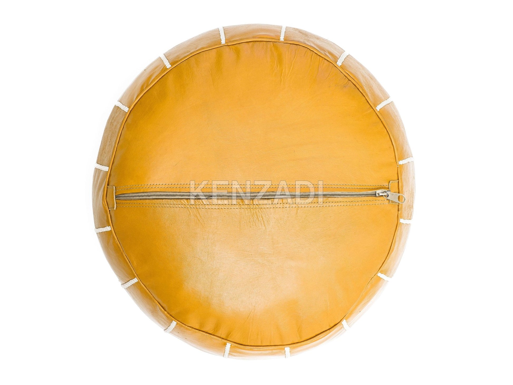 Moroccan leather pouf, round pouf, berber pouf, Yellow pouf with White embroidery by Kenzadi - Handmade by My Poufs