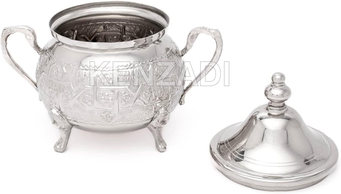 Moroccan Medium Sugar Bowl Container for Tea Pot Set Handmade Brass Silver Plated Teapot Hand Carved In Fes Morocco - Handmade by My Poufs