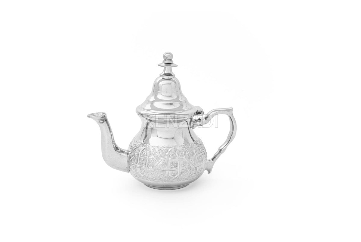 Moroccan Serving TeaPot Handmade Of Brass Silver Plated Hand Carved In Fes Morocco - Handmade by My Poufs