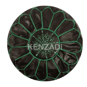 Moroccan leather pouf, round pouf, berber pouf, Black with Green embroidery by MyPoufs.com