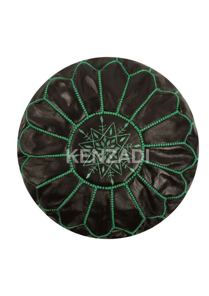 Moroccan leather pouf, round pouf, berber pouf, Black with Green embroidery by MyPoufs.com