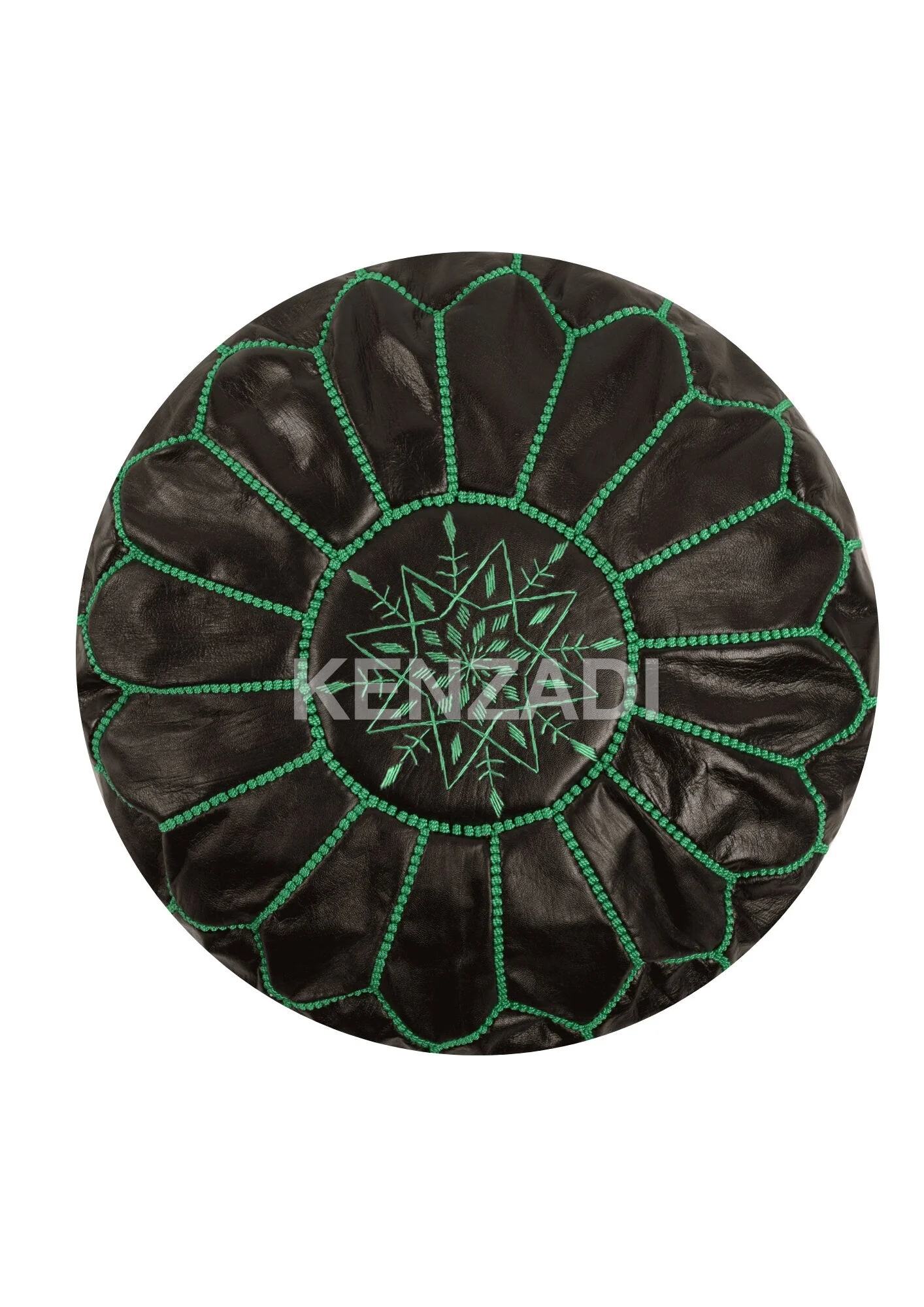 Moroccan leather pouf, round pouf, berber pouf, Black with Green embroidery by MyPoufs.com
