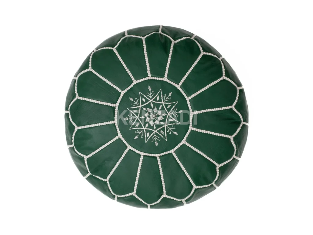 Moroccan leather pouf, round pouf, berber pouf, Green pouf with White embroidery