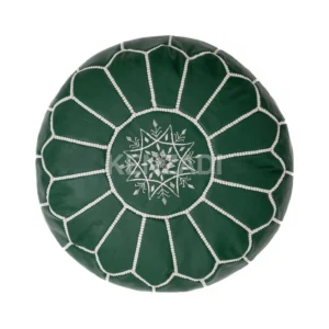 Moroccan leather pouf, round pouf, berber pouf, Green pouf with White embroidery