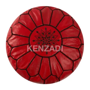 Moroccan leather pouf, round pouf, berber pouf, red pouf with black embroidery by MyPoufs.com