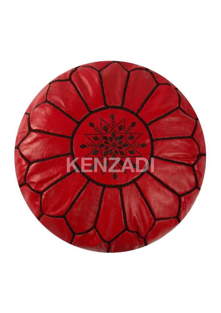 Moroccan leather pouf, round pouf, berber pouf, red pouf with black embroidery by MyPoufs.com