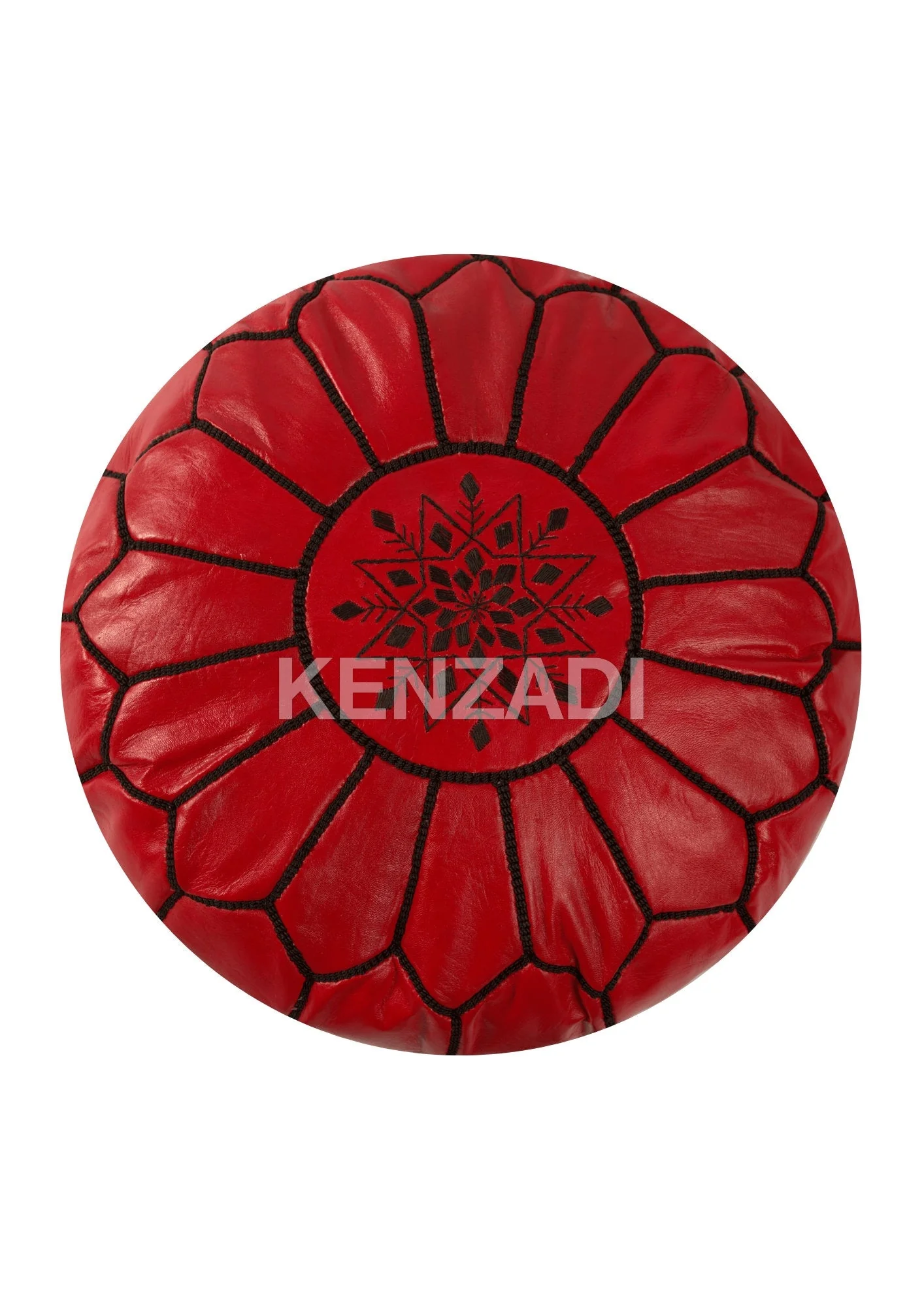 Moroccan leather pouf, round pouf, berber pouf, red pouf with black embroidery by MyPoufs.com